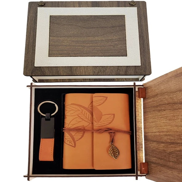 Özel Ahşap Kutulu Taba Deri Defter ve Anahtarlık Set ürün görseli 1