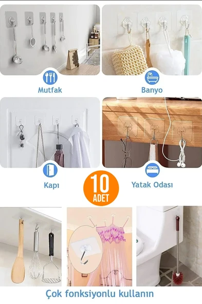 10 Adet - Kendinden Yapışkanlı Çok Amaçlı Kancalı Askı ürün görseli 1