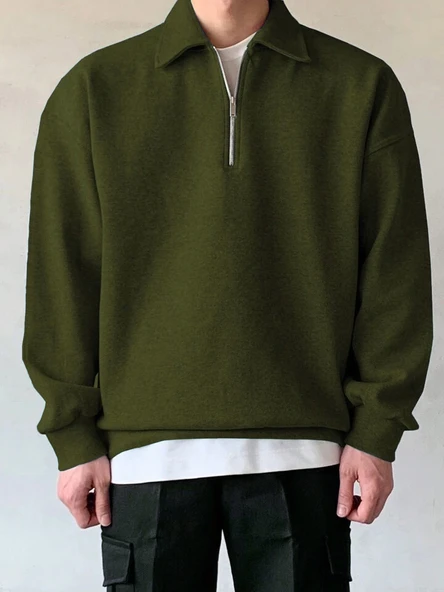 Erkek Polo Yaka Oversize Sweatshirt Yarım Fermuar Sweatshirt OVERSIZE-SWEATSHIRT ürün görseli 1