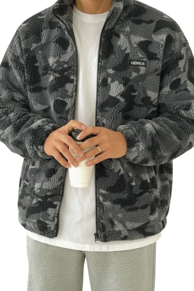 Oversize Peluş Tam Fermuarlı Sweatshirt Peluş İçi Polarlı Sherpa Kumaş Sweatshirt ürün görseli 1