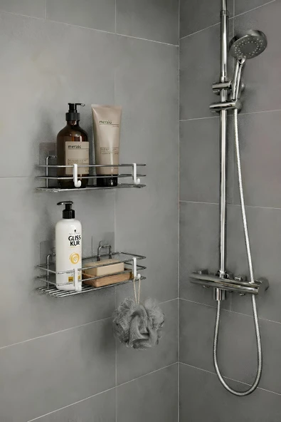 Tek Katlı Duş Rafı – Kancalı Banyo Şampuanlık & Organizer 2 Adet Krom TŞ-01 ürün görseli 1