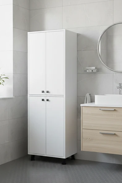 Sawoli Home Çok Amaçlı Dolap 4 Kapaklı 6 Raflı Banyo Kiler Mutfak Dolabı Beyaz SH-105 ürün görseli 1