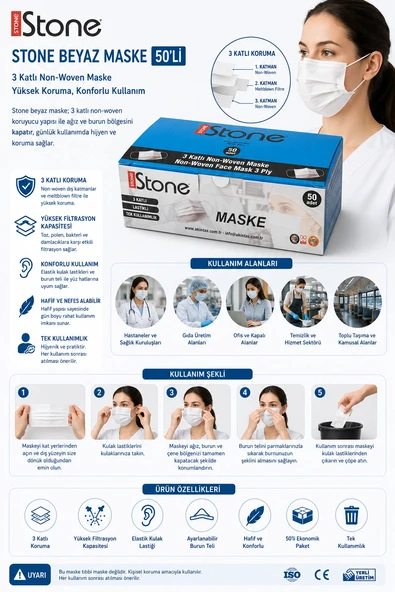 Stone Beyaz Maske 50'li ürün görseli 1