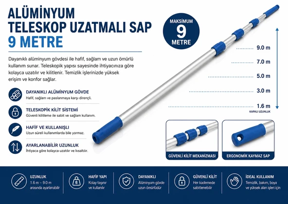 Alüminyum Teleskop Uzatmalı Sap 9 Metre ürün görseli 1