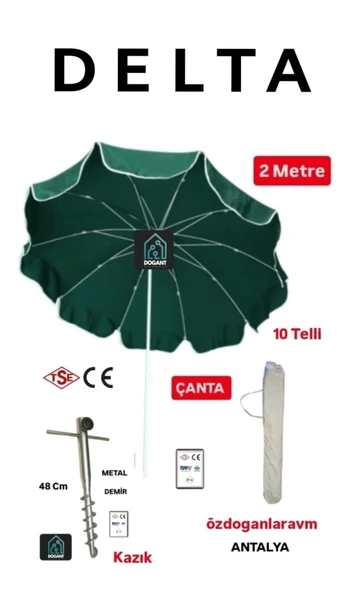 Delta Yeşil Deniz Plaj Bahçe 2 Metre 10 Telli Şemsiyesi Seti Çanta - Kazık ürün görseli 1