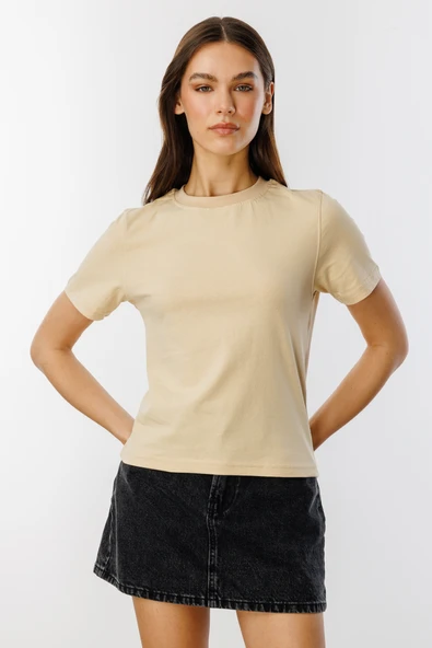 Kadın T-shirt Kısa Kollu Organik Pamuklu Bisiklet Yaka Crop T-shirt ürün görseli 1