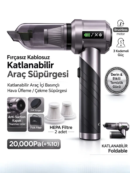 Çantalı 20000Pa 6000mAh Araç İçi Süpürge 100W Katlanabilir Şarjlı Vakum Üfleme Fonksiyonlu ürün görseli 1