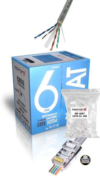 apronx Cat6 23AWG 305 Metre 0,50mm Gri UTP Kablo +100 Adet EZ Jak ürün görseli 1
