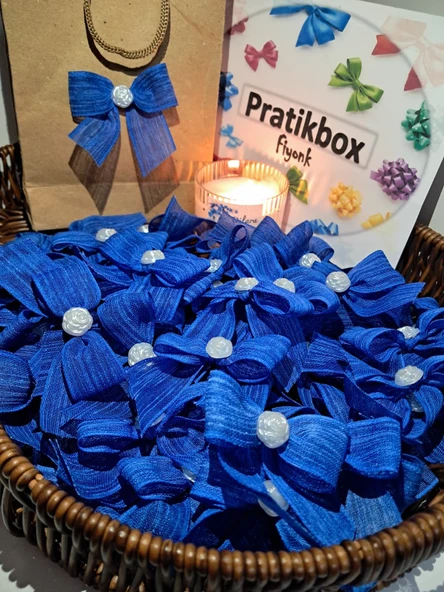 Pratikbox Keten Büyük Boy Fiyonk / 2,5 Cm'lik / Hediyelik / Süsleme /lacivert Renk/yarım Çiçek Inci / 50 Adet ürün görseli 1