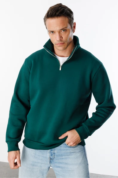 Unisex Sweatshirt Rahat Kesim Pamuklu Içi Polarlı Yarım Fermuarlı Dik Yaka Sweatshirt ürün görseli 1