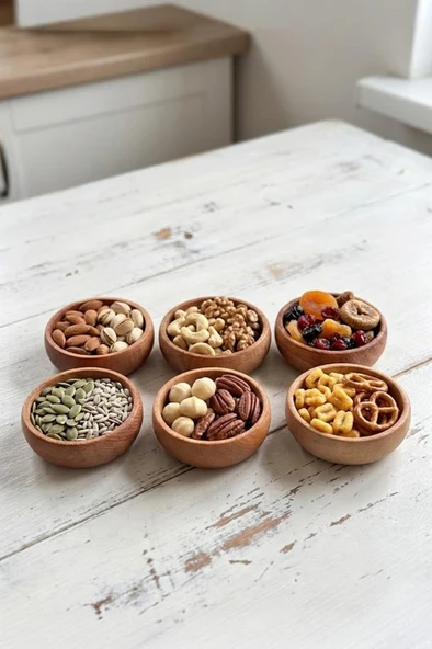 Atbyhome 6 Parça Doğal Ahşap Çerezlik Kaseler - 10 cm Kahvaltılık ve Mezze Sosluk Seti ürün görseli 1