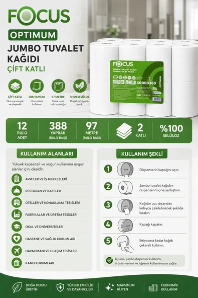 Focus Optimum Jumbo Tuvalet Kağıdı Çift Katlı 388 Yaprak 97 m 12 Adet ürün görseli 1