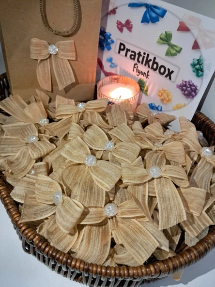 Pratikbox Keten Büyük Boy Fiyonk / 2,5 Cm'lik / Hediyelik / Süsleme /altın Renk/yarım Çiçek Inci / 50 Adet ürün görseli 1