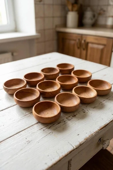 Atbyhome 12 Parça Doğal Ahşap Çerezlik Kaseler - 10 cm Kahvaltılık ve Mezze Sosluk Seti ürün görseli 1