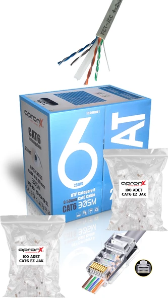 apronx Cat6 23AWG 305 Metre 0,50mm Gri UTP Kablo + 200 Adet EZ Jak ürün görseli 1