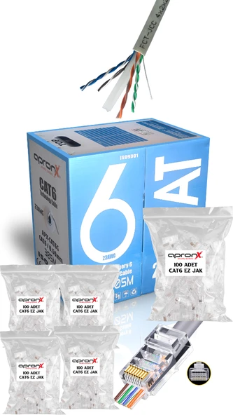 apronx Cat6 23AWG 305 Metre 0,50mm Gri UTP Kablo +500 Adet EZ Jak ürün görseli 1