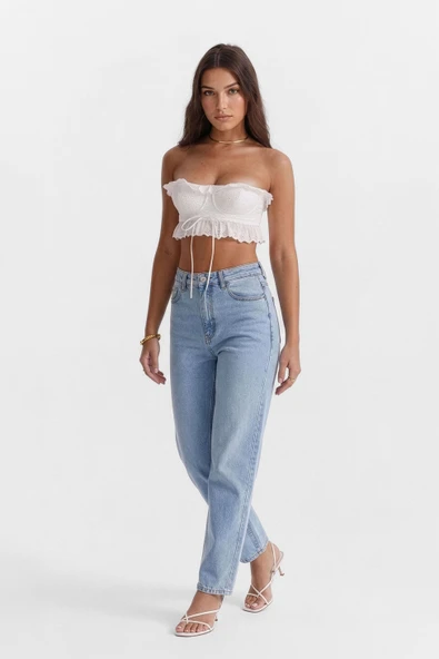 Kadın Yüksek Bel Buz Mavisi %100 Pamuk Mom Fit Jean Pantolon ürün görseli 1