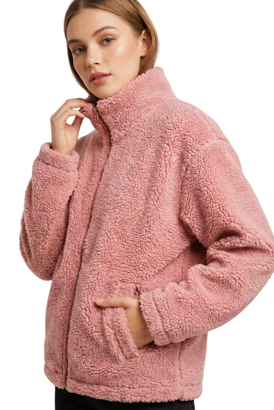 Kadın Peluş Tam Fermuarlı Cepli Sherpa Kuzu Kumaş Oversize Peluş Polar Sweatshirt ürün görseli 1