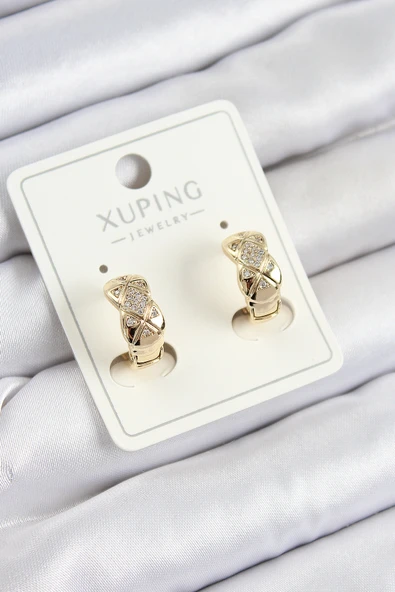 Xuping Zirkon Taşlı Geometrik Desenli Halka Model Gold Renk Kadın Küpe // XD-BKP10850-ST ürün görseli 1