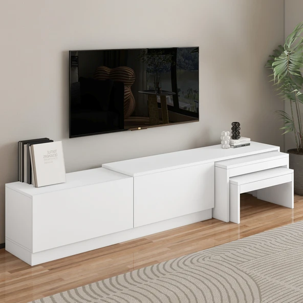 Nest TV Sehpası – Modern Tasarım,2 Kapaklı Depolama ve İkili Zigon Sehpa ile Fonksiyonel Mobilya  Beyaz ürün görseli 1