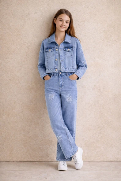 Mavi Çiçek Nakışlı Jean Ceket ve Pantolonlu Kız Çocuk 2li Takım 23737 ürün görseli 1