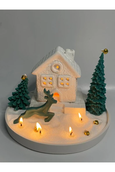 Görke Tasarım Yılbaşı Tealight Mumlu Ev Mumluk, Tabak, 2 Adet Çam Ağacı Mum, Inci Tozu Mum Seti ürün görseli 1