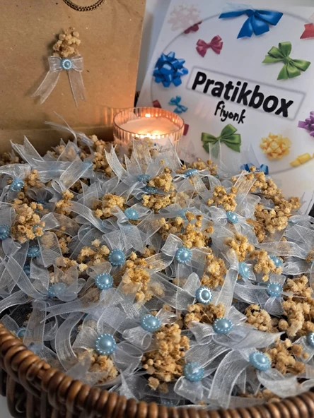 Pratikbox Mini Fiyonk /tül 1cm'lik / Hediyelik / Süsleme / Açık Mavi Renk/yarım Incili,cipso Çiçeği / 100 Adet ürün görseli 1