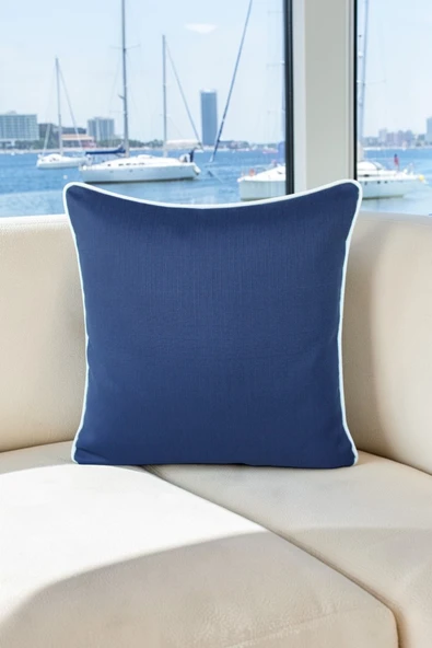 Kırlent Kılıfı 45x45 Su Geçirmez Outdoor Keten Beyaz Biyeli Marin Tekne Bahçe Balkon - Lacivert ürün görseli 1