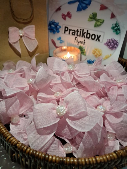 Pratikbox Keten Büyük Boy Fiyonk / 2,5 Cm'lik / Hediyelik / Süsleme /pembe Renk/yarım Çiçek Inci / 50 Adet ürün görseli 1