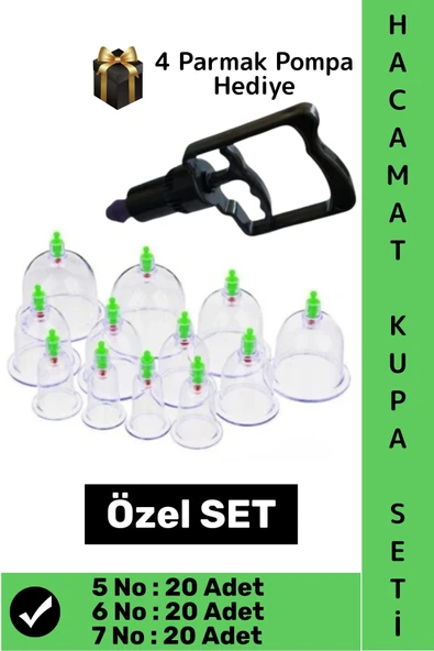 #HacamatSeti 20 Adet 5-6-7 No Kupa Islak Kuru Kullanıma Uygun 4 Parmak Pompa Hediyeli Hacamat Seti ürün görseli 1