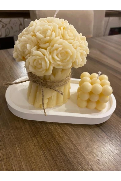 Görke Tasarım 14 Cm Yüksekliğinde Buket Mum Dekoratif Oval Tepsi Seti 3 Parça ürün görseli 1
