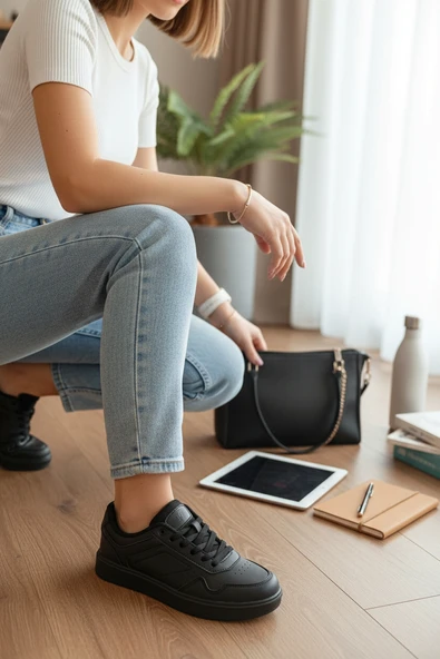Enoch Unisex Siyah Suni Deri Spor Ayakkabı Beyaz Düz Tabanlı Ve Perfore Detaylı Günlük Casual Sneaker ürün görseli 1