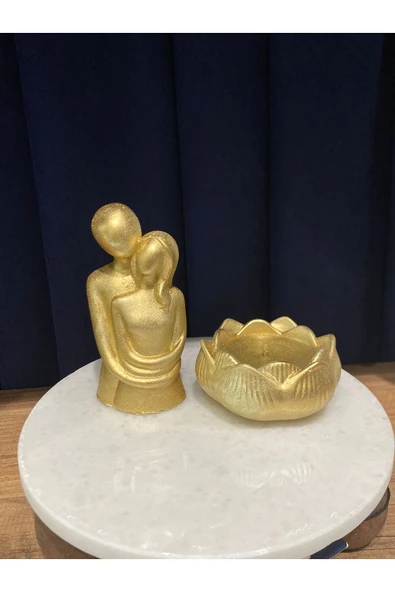 Görke Tasarım Altın Gold Rengi Sarılan Çift, Lotus Mumluk Seti ürün görseli 1