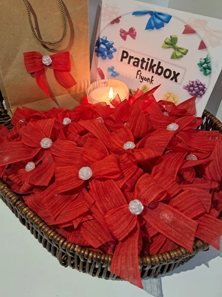 Pratikbox Keten Büyük Boy Fiyonk / 2,5 Cm'lik / Hediyelik / Süsleme /kırmızı Renk/yarım Çiçek Inci / 50 Adet ürün görseli 1