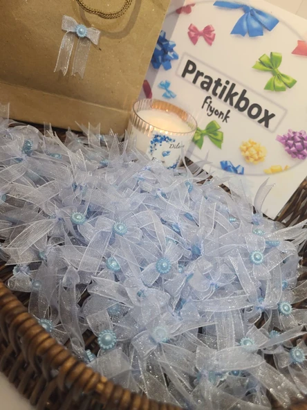 Pratikbox Mini Fiyonk /tül 1cm'lik / Hediyelik / Süsleme / Açık Mavi Renk/yarım Incili / 50 Adet ürün görseli 1