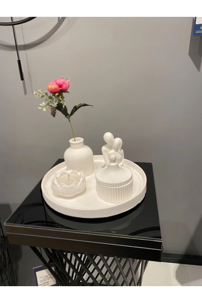 Görke Tasarım 5 Parça Modern Dekoratif Beton Sunumluk Tepsi, Lotus Mum, Sarılan Çift, Mum Seti, ürün görseli 1