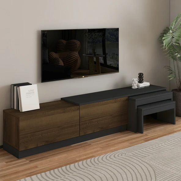 Nest TV Sehpası – Modern Tasarım,2 Kapaklı Depolama ve İkili Zigon Sehpa ile Fonksiyonel Mobilya  Antrasit/Antik Ceviz ürün görseli 1