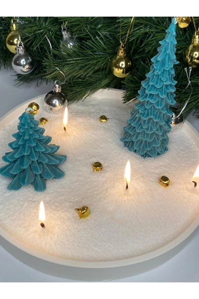 Görke Tasarım Yılbaşı, Yeni Yıl 25 cm Beton Tepsi, 2 Adet Çam Ağacı Mum, 150 gram İnci Tozu Mum Seti ürün görseli 1