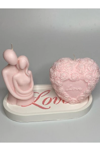Görke Tasarım Sevgililer Günü Hediyesi, Sevgiliye, Eşe Hediye Sarılan Çift, Kalpli Güllü, Love Yazılı Tabak Set ürün görseli 1