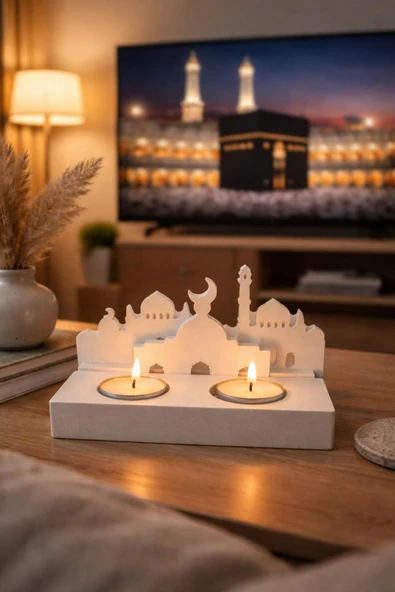 Görke Tasarım Dekoratif Camii Figürlü İkili Tealight Mumluk, Ramazan için Mum, Hediyelik Şamdan ürün görseli 1