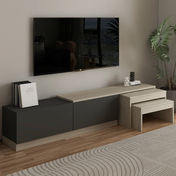 Nest TV Sehpası – Modern Tasarım,2 Kapaklı Depolama ve İkili Zigon Sehpa ile Fonksiyonel Mobilya  Traverten/Antrasit ürün görseli 1