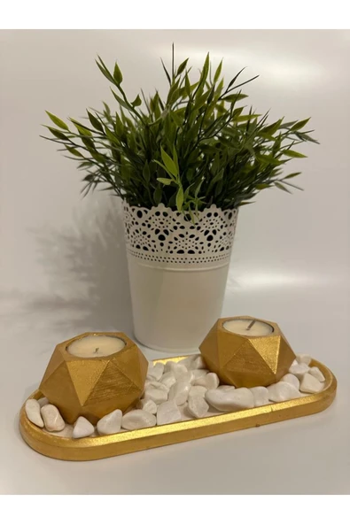 Görke Tasarım Altın Rengi Beton Sunumluk, 2 adet Mumluk, Dekoratif Taş ve Tealight Mum Seti ürün görseli 1