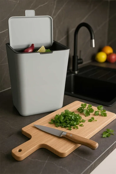 Primanova Flip 6Lt Banyo Mutfak Tezgah Üstü Çöp Kovası Gri ürün görseli 1