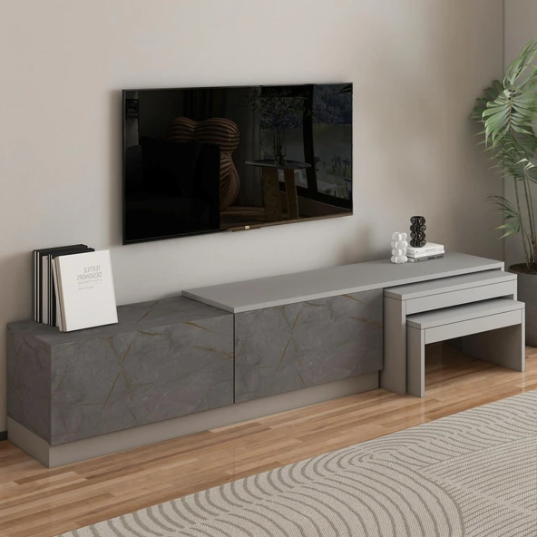 Nest TV Sehpası – Modern Tasarım,2 Kapaklı Depolama ve İkili Zigon Sehpa ile Fonksiyonel Mobilya  Gordion Mermer/Gri ürün görseli 1