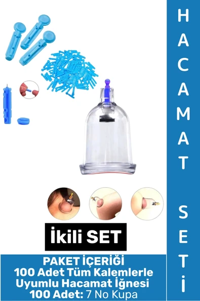 #HacamatSeti Tüm Kalemlerle Uyumlu Parmak Delme 100 Adet İğne 100 Adet 7 No Kupa İkili Hacamat Seti ürün görseli 1