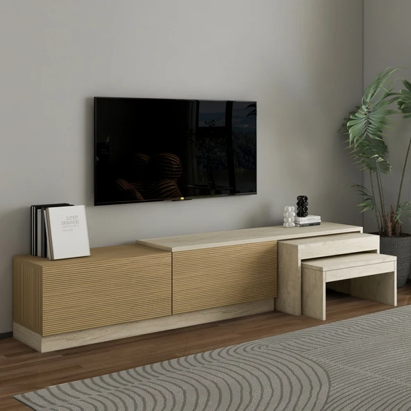 Nest TV Sehpası – Modern Tasarım,2 Kapaklı Depolama ve İkili Zigon Sehpa ile Fonksiyonel Mobilya  Traverten/Sıcak Meşe ürün görseli 1