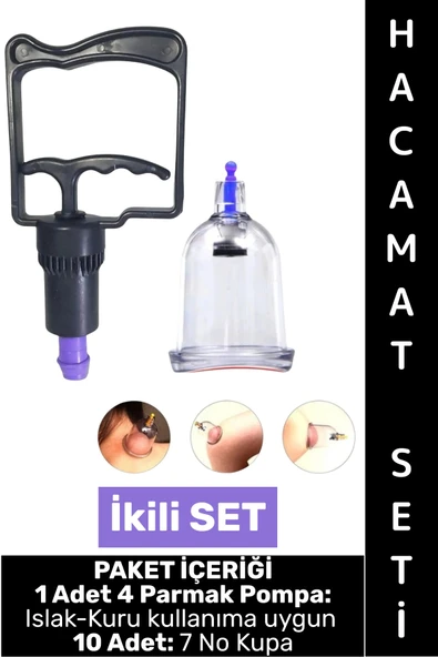 #HacamatSeti Islak Kuru Kullanıma Uygun 4 Parmak Pompa 10 Adet 7 No Kupa Çekme İkili Hacamat Seti ürün görseli 1