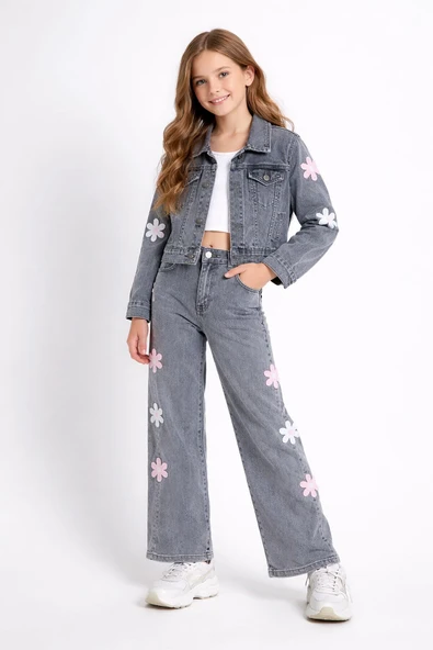 Füme Çiçek Desenli Düğmeli Ceketli Jean Pantolonlu Kız Çocuk Jean Takım 23736 ürün görseli 1