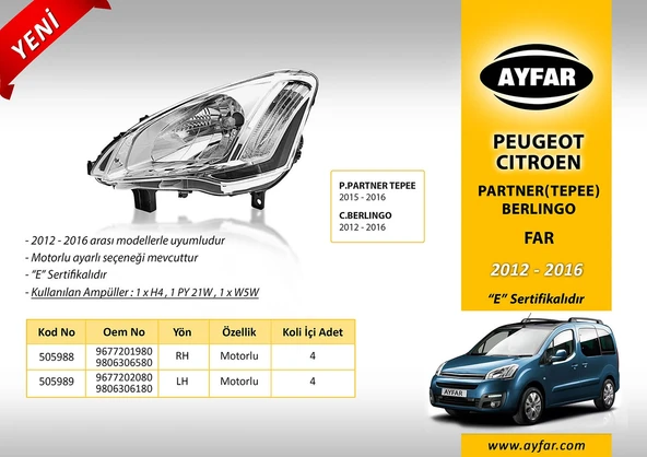 AYFAR FAR SAĞ MOTORLU PEUGEOT PARTNER (TEPEE) (2015-16) / CITROEN BERLINGO (2012-2016) ürün görseli 1