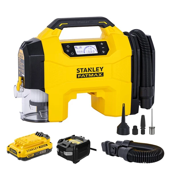 STANLEY SXVI02001A 12V/18V 2Ah Li-ion Şarjlı 160 PSI Dijital Göstergeli Lastik&Yatak Şişirme Pompası+Araç Süpürgesi ürün görseli 1